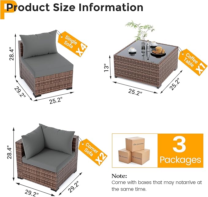 UDPATIO Patio Furniture Set, 7 Piece Outdoor Sectional Sofas with Wicker Coffee Table, Outdoor Patio Conversation Set for Garden, Backyard Dark Grey