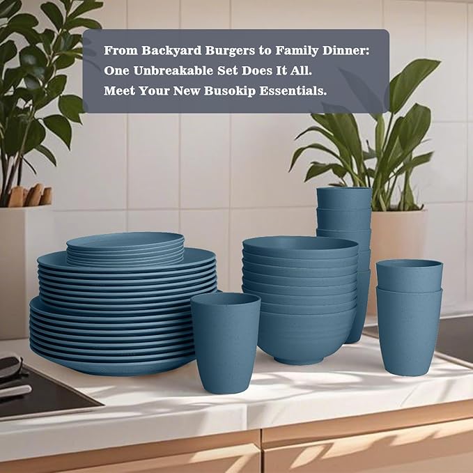 Wheat Straw Dishes Set 40 PCS, Unbreakable Dinnerware Set of 8 - Dinner Plates, Cereal Bowls, Water Cup, Lightweight, Reusable, Microwave & Dishwasher Safe Bowls for Kitchen and Outdoor - Blue