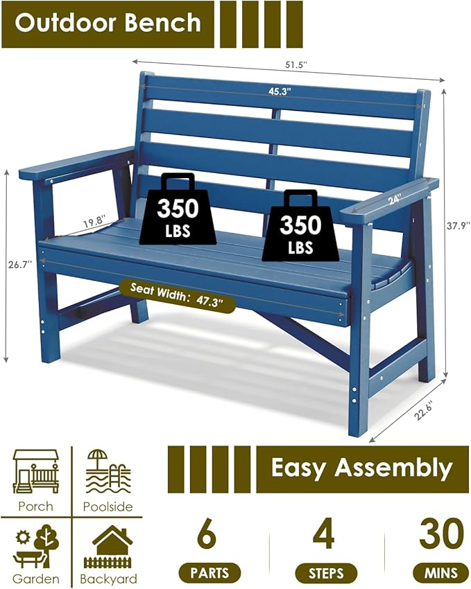 GREENVINES Outdoor Bench | 51.5’’ | HDPE | Garden Benches | Weatherproof | for Outdoors Patio Park Porch Outside Backyard | 2-Person | Blue