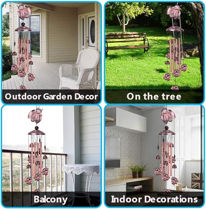 Ladybug Wind Chimes Outdoor Decor - with 4 Tubes 6 Bells 7 Ladybugs 36In Waterproof Mobile Romantic Wind Catcher Ladybug Windchimes for Home, Xmas Mom Gifts, Festival, Balcony, Garden Decoration