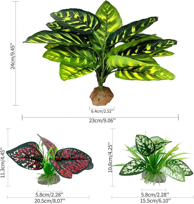 Reptile Artificial Plants, Terrarium Plants Decorations Supplies, Aquarium Fish Tank Plant, Amphibian Habitat Hideout Tank Accessories(L Set-3pcs/B)