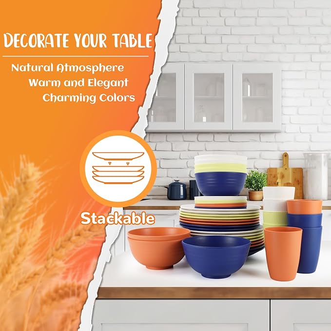 Wheat Straw Dinnerware Sets 40 PCS - Dishes Set for 8 Unbreakable Plates and Bowls Sets with Cups Dishwasher & Microwave Safe Lightweight Dinnerware for Kitchen Camping RV - Mondrian Colors