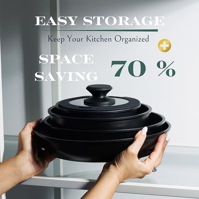 Moss & Stone 10pcs Black Pots and Pans Set Non Stick, Cookware Sets Detachable Handle, RV Kitchen Set Removable Handle, Oven Safe, Induction Ready, Stackable Non-stick Set, Camping Cookware Set