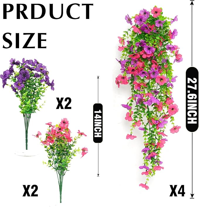 8PCS Artificial Hanging Flowers for Outdoors,Hanging Outdoor Faux Plants,UV Resistant Fake Flowers for Outdoor Planters,Realistic Fake Plants Spring Decor for Porch,Patio,Yard (RedPurple)