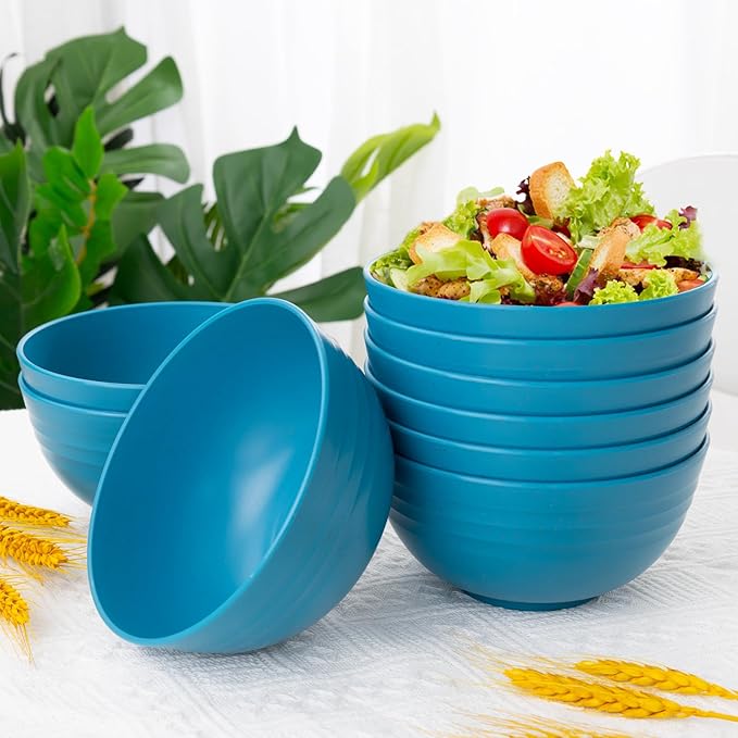 LIYH 48 Pcs Blue Plastic Wheat Straw Dinnerware, Plates and Bowls Set, Camping Dish Set for 12, Dishwasher Safe Dinnerware Sets, Unbreakable Plastic, Camper Dish Sets