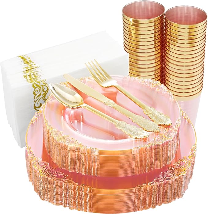 Hioasis 175pcs Clear Pink Plastic Plates - Elegant Disposable Dinnerware Set Suitable for 25 Guests Include 10.25" Dinner & 7.5" Dessert Plates, Cutlery, Napkins, Cups for Party & Wedding