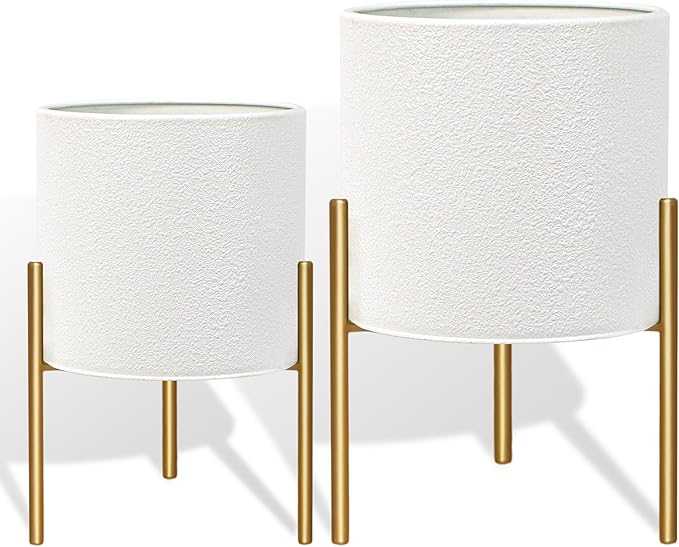 ARNIS Modern Planter Pots, Large Planters with Stand, Set of 2 Metal Planters for Indoor Plants with Drainage Holes for Living Room, Office, Garden or Balcony (White, 10.5 &12.25 Inch)