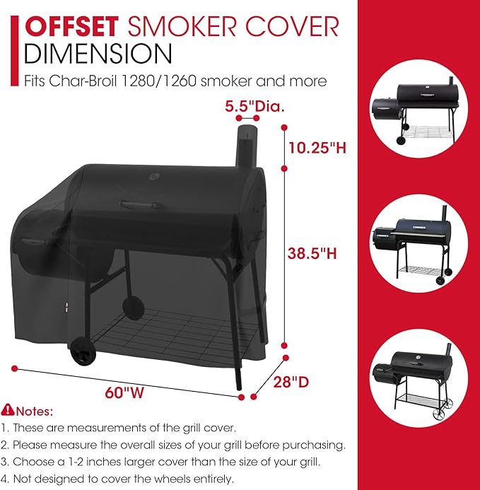 Unicook Offset Smoker Cover 60 Inch, Outdoor Heavy Duty Waterproof Charcoal BBQ Grill Cover, Fade Resistant, Compatible for Brinkmann, Char-Broil, Royal Gourmet and More, Black
