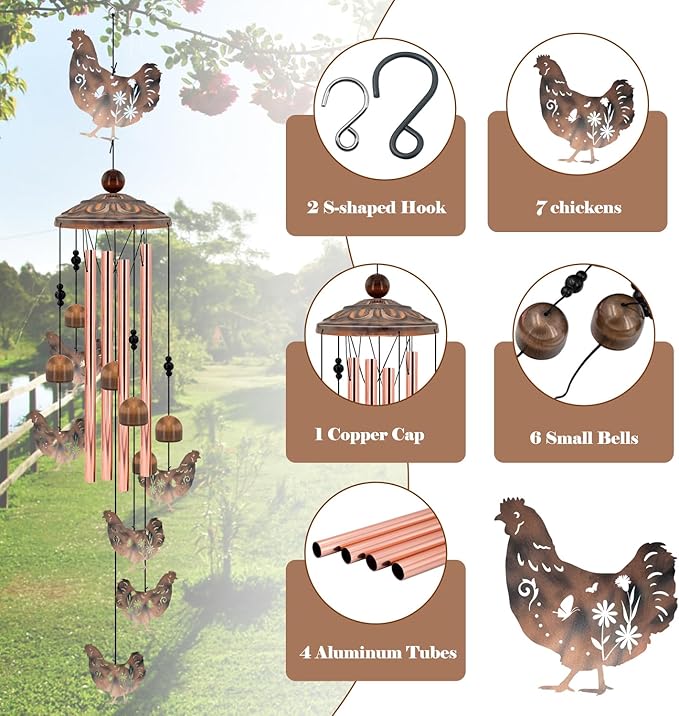 Chicken Wind Chimes for Outside, 35'' Metal Chicken WindChimes Gifts for Women/Men, Decoration for Outdoor, Home, Garden, Patio, Backyard
