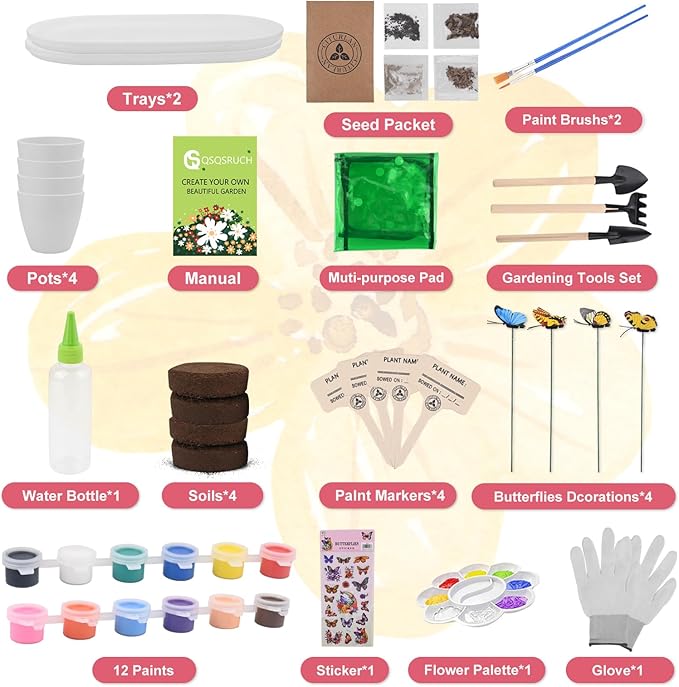 QSQSRUCH 4 Set Painting & Plant Flower Garden Kit, Arts and Crafts Kits for Kids Ages 4-8,Girls Gifts 8-10,Fairy Garden Set for Kids 8-12,Girls Toys Age 6-8, Gift for 4 5 6 7 8 9 10+ Year Old Girl