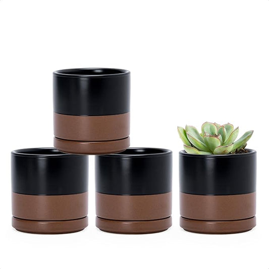 D'vine Dev Set of 4 Small Ceramic Plant Pots, 3.5 Inch Succulent Planter Pot for Plants with Drainage Hole and Saucer, Black/Speckled Tan, 94-X-A-7