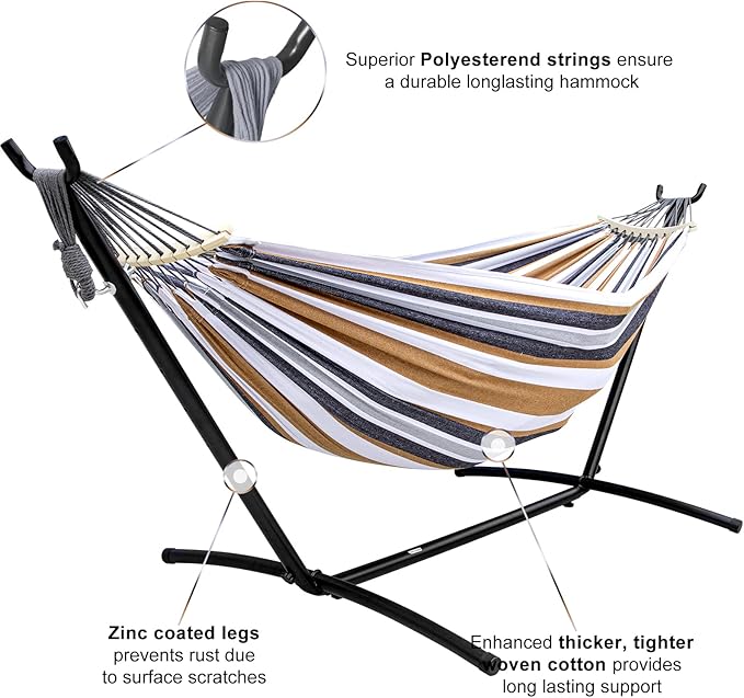SZHLUX Double Hammock with Stand Included 450lb Capacity Steel Stand, Premium Carry Bag Included and Two Anti Roll Balance Beam, Portable Hammock with Stand for Backyard, Camping,Garden Brown Stripes