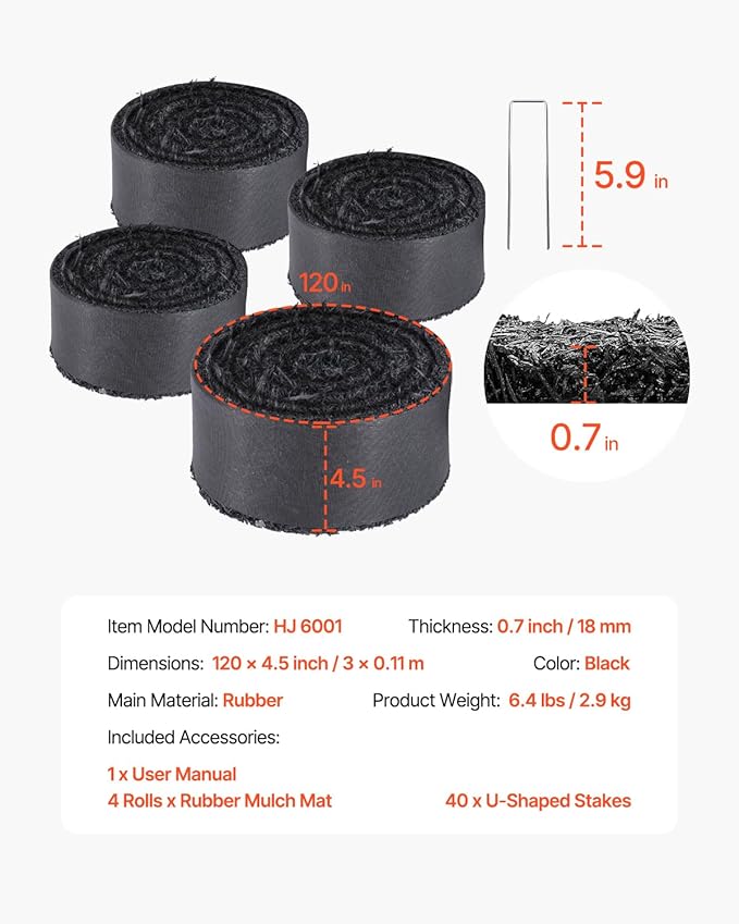 VEVOR 4-Pack Recycled Rubber Mulch Mat 120 x 4.5 in, Permanent Rubber Mulch for Landscaping, Black Mulch Garden Edging Border for Plants, Vegetables & Flower Garden Barrier