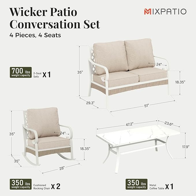 4 Piece Patio Furniture Set, 2 x Rocking Chair, 1 x 2-Seat Sofa with Marbling Coffee Table, All Cushioned 4 Seats Outdoor Conversation Set for Lawn Garden Backyard, Beige