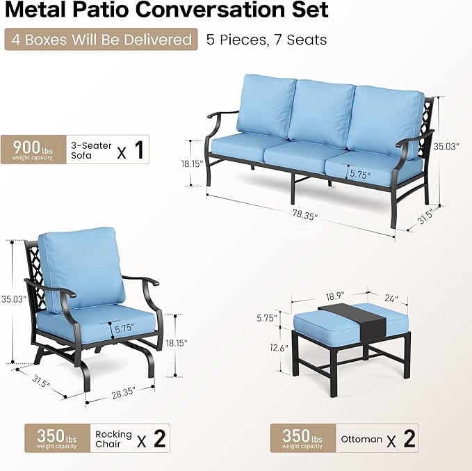 7 Piece Metal Outdoor Patio Furniture Set, Patio Conversation Sets 3-seater Sofa, 2 Rocking Chair, 2 Ottomans with 5.75" Thick Cushion, Black All-weather Frame Backyard Furniture, Blue