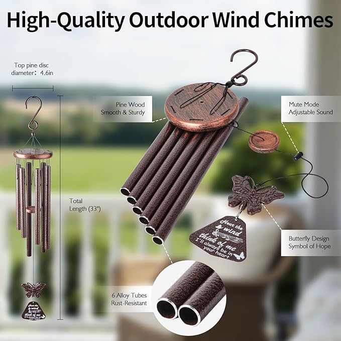 Wind Chimes for Outside with Butterfly Wind Catcher, 33" Memorial Metal Wind Chime Suitable for Patio, Garden Hanging Decorations, Deep Tone Soothing, Perfect Christmas Birthday Gifts for Women