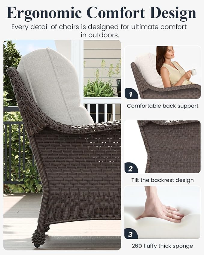 LayinSun 3 Piece Wicker Outdoor Furniture Set with 6-inch Comfy Cushions, High Back Patio Furniture Set with Rattan Armchairs and Side Table