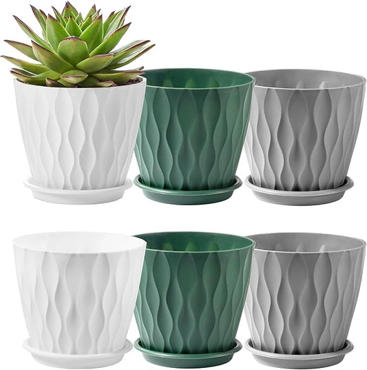 FaithLand 6-Pack 6-Inch Plastic Plant Pots with Saucers | Thickened PP Material, Modern Wave Texture, Enhanced Drainage for Indoor/Outdoor Garden Plants | Tricolor Value Set