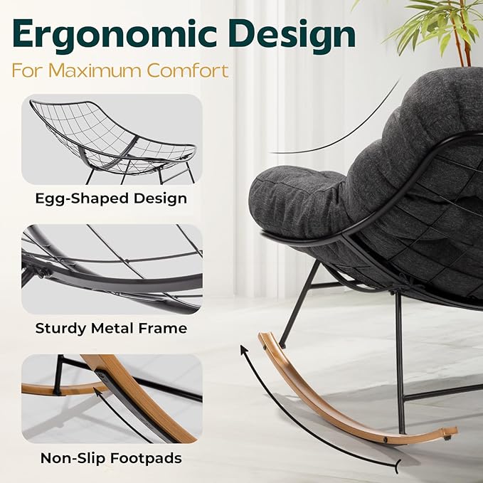 Bme Patio Rocking Chair Outdoor & Indoor, Metal Patio Lounge Rocking Chair with Thick Cushion, Comfy Modern Rocker Chair for Living Room, Porch, Backyard, Grey Cushion - Wood Texture Rocker
