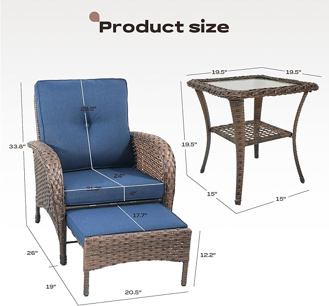 Rilyson 5 Piece Patio Furniture Set - Wicker Balcony Furniture Set with Hidden Ottomans, Rattan Outdoor Patio Chairs with Side Table for Porch Deck Poolside Garden Brown/Blue