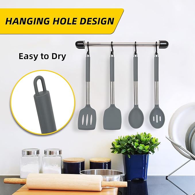 4 Pack Silicone Utensils Set, Non Stick Solid Spatulas, Heat Resistant Blue Slotted Spoons with Stainless Steel Handle, BPA Free Cooking Turner for Stir-Fry, Frying, Mixing, Serving,Draining,Turning