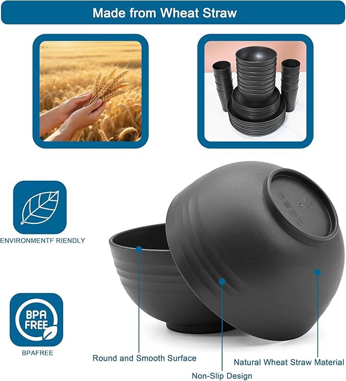Black Wheat Straw Dinnerware Sets For 8 (32pcs),Unbreakable Dinnerware Set,Dishwasher Safe,Plastic Reusable Lightweight Rv Dishes Cups Plates and Bowls Sets for Camping Kitchen Picnic