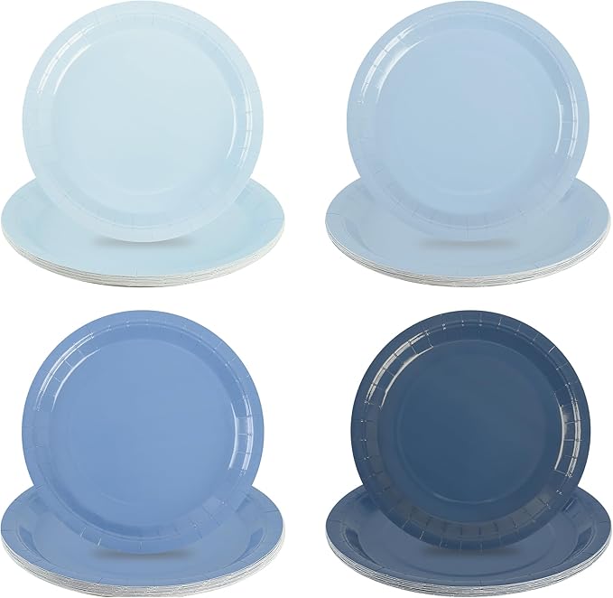 Dusty Blue Paper Plates Gradient Blue Party Plates 7”Disposable Round Dessert Plates for Birthday Wedding Bridal Engagement Baby Shower Party Supplies 4 Colors (48)