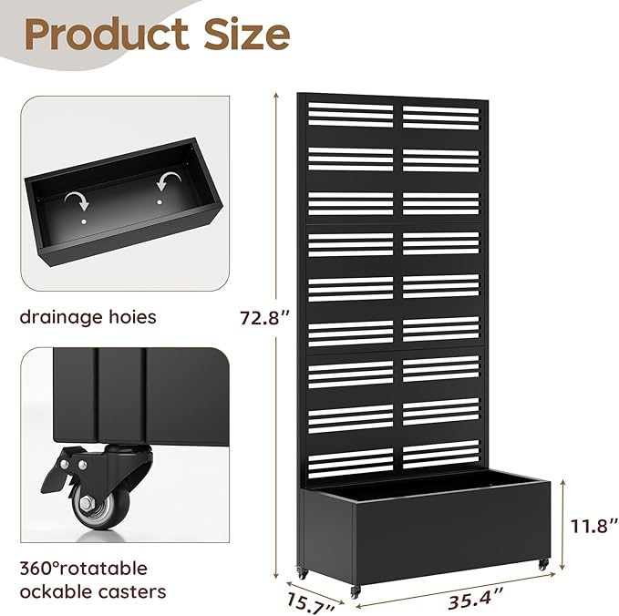 Metal Raised Garden Bed with Trellis & Wheels,70" x 35"x 15.7" Planter Box with Trellis,Privacy Planters for Patio,Garden Bed for Climbing Plants,Suitable for Climbing Plants and Vegetables,Black