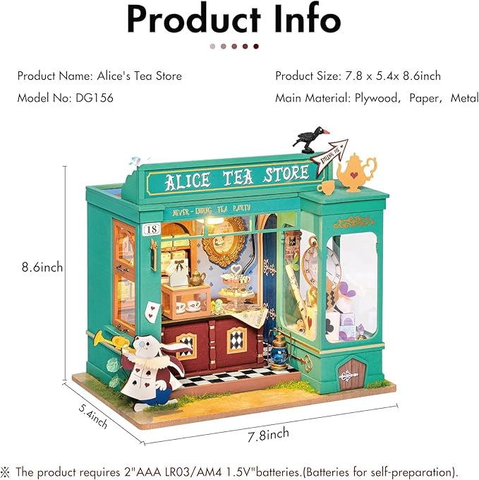 Rolife DIY Miniature House Kit Alice's Tea Store, Tiny House Kit for Adults to Build, Mini House Making Kit with Furniture, Halloween/Christmas Decorations/Gifts for Family Friends (Alice's Tea Store)