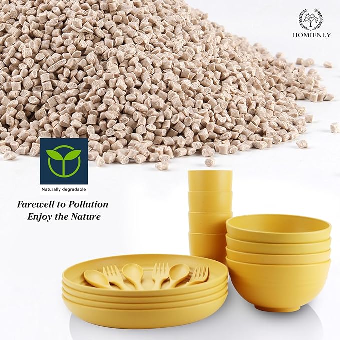 Wheat Straw Dinnerware Sets, Homienly 20pcs Unbreakable Microwave Dishwasher Safe Tableware Lightweight Bowls, Cups, Plates Set Reusable Dinner Plates Bowls set (Yellow)