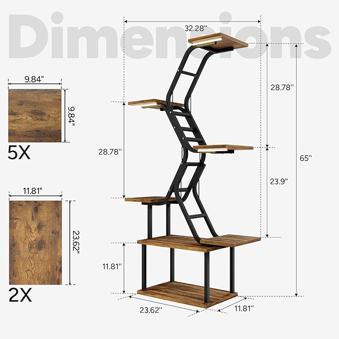Black Plant Shelves with Grow Lights: 7-Tier 65" Tall Stand for Indoor Corners, Living Room Display or Bedroom Gardening Rack