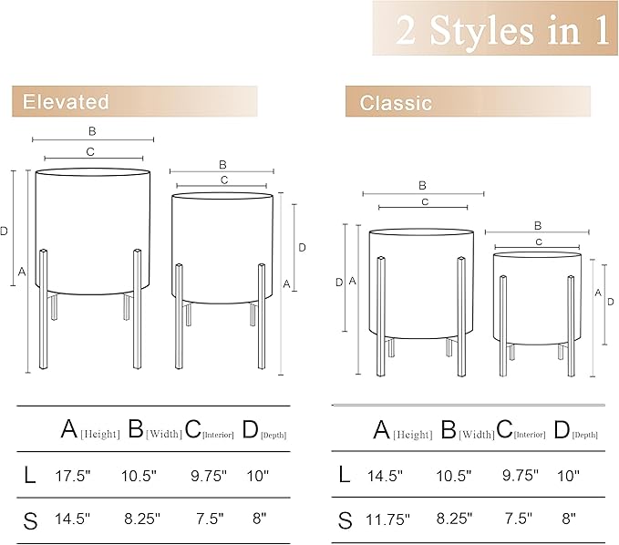 ARNIS Modern Plant Pots, Set of 2 Large Planters with Stand, Decorative Planters, Metal Pots with Drainage Holes for Living Room, Office, Garden or Balcony, 8.25 &10.5 Inch, White