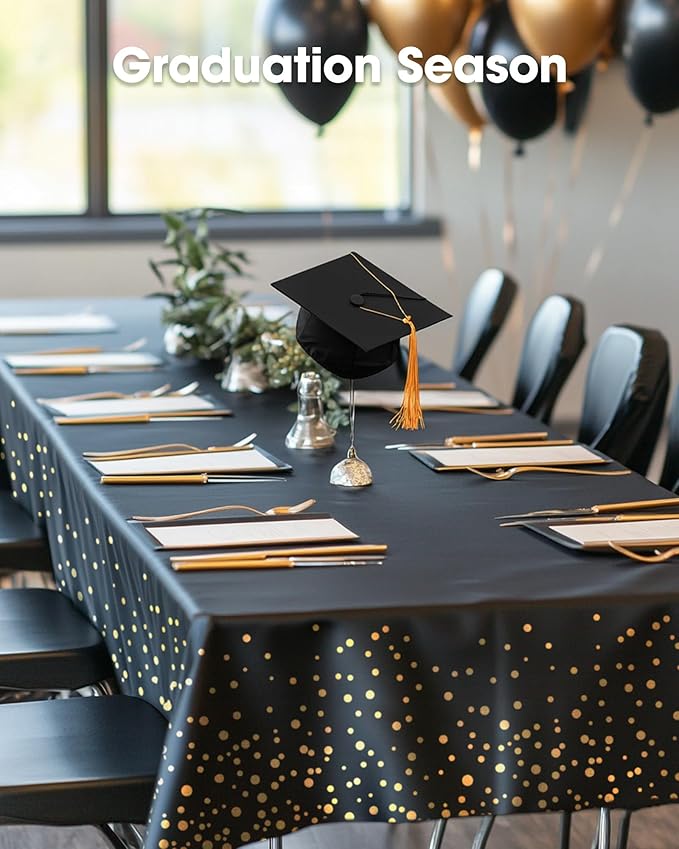 Pureegg Plastic Table Cloth Disposable 8 Pack, 54 x 108 Inch Table Cloths, Graduation Decorations Class of 2025, Graduation Tablecloths, Rectangle, Plastic Cover, Leakproof & Sturdy, Black and Gold