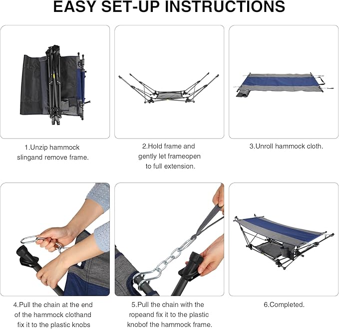 RedSwing Extra-Long Portable Folding Hammock with Stand,Fold Up Hammock with Removable Pillow,Storage Net,Foldable Camping Hammock for Adults for Outdoor,Backyard,Beach,Garden,Lawn