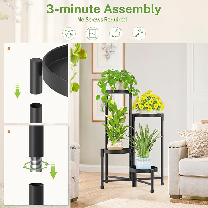 iDavosic.ly Plant Stand Indoor Outdoor, 4 Tier Corner Metal Flower Display Holder Shelf, Folding Tall Orchid Rack for Patio Balcony Porch Garden Living Room House, Black