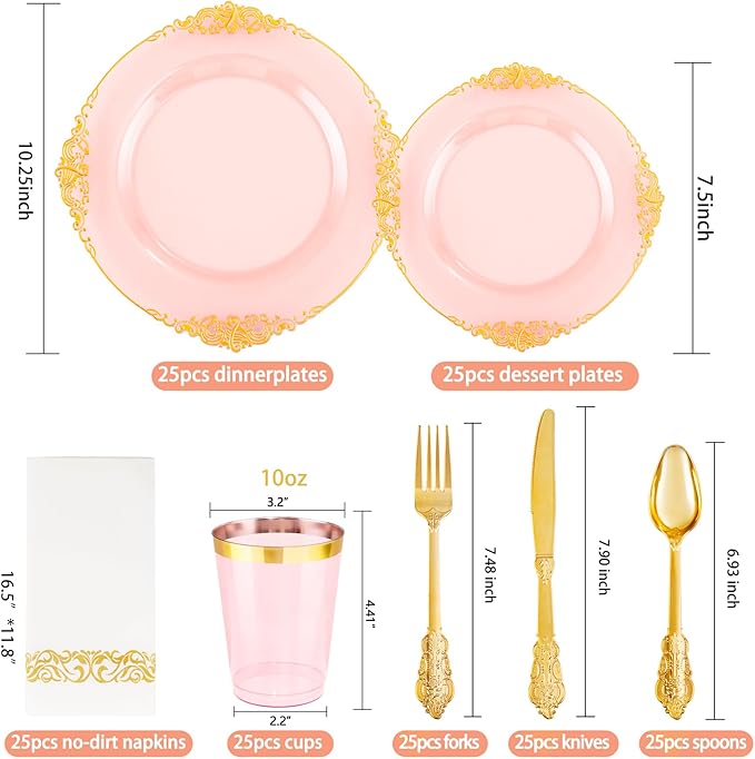 Hioasis 175pcs Clear Pink Plastic Plates - Elegant Disposable Dinnerware Set Suitable for 25 Guests Include 10.25" Dinner & 7.5" Dessert Plates, Cutlery, Napkins, Cups for Party & Wedding