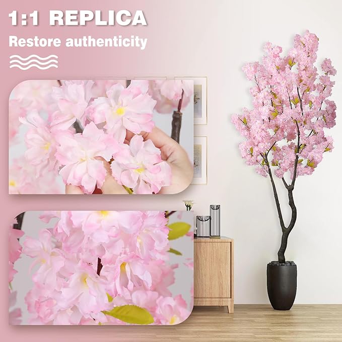 Artificial Pink Cherry Blossom Tree 6.5ft(78in) Faux Japanese Sakura Indoor Decor Handmade Natural Fake Cherry Flowers Tree for Home Realistic Pink Plant in Pot for Living Room,Office,Outdoor Decor