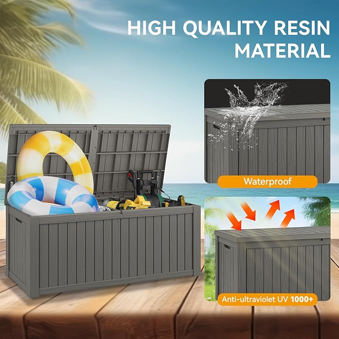 NUNU LAB 180 Gallon Outdoor Storage Box, Large Resin Deck Box with Double Wall Panels, Waterproof Patio Storage Bin for Garden Tools, Pool Accessories, Package Deliveries & Outdoor Gear,Grey
