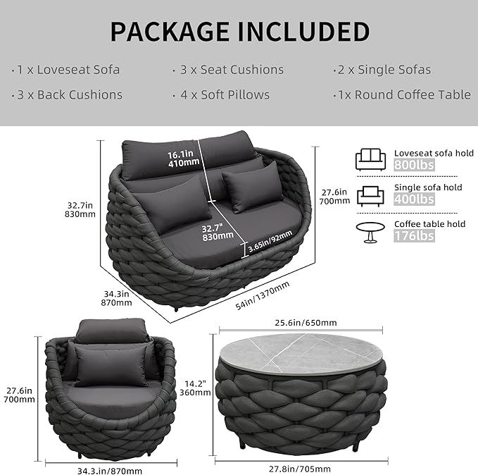 TWT Patio Furniture Set 4 Pieces Aluminum Outdoor Furniture w/27.8in Coffee Table,Patio Conversation Set with Hand Woven Polyester Rope for Backyard Garden Poolside,Dark Gray