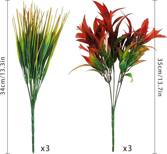 Uieke 6Pcs Outdoor Artificial Plants UV Resistant, Fake Morning Glory Flowers with Orange Grass, Tropical Flowers Fall Leaves Foliage for Garden Patio Sidewalk Décor Red