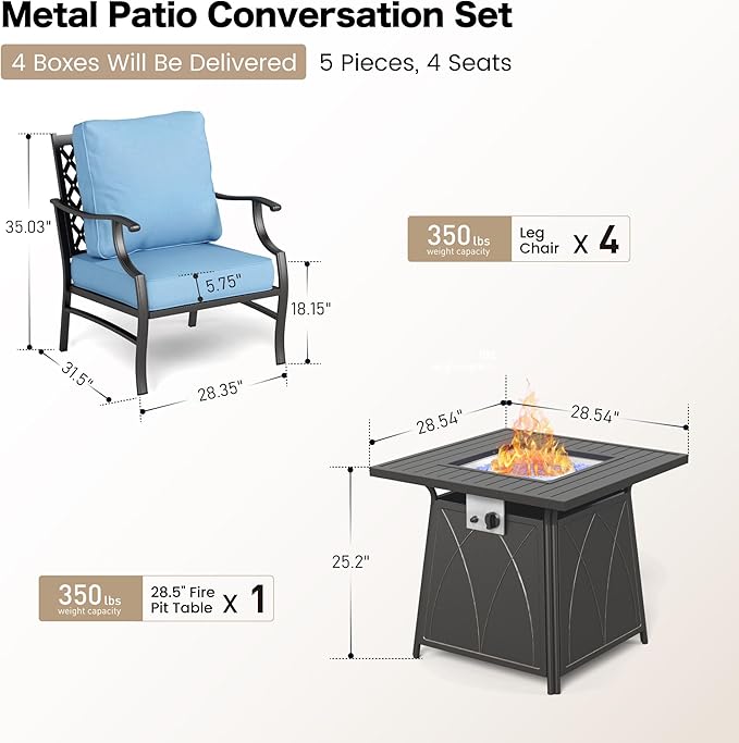 5 Piece Metal Outdoor Patio Furniture Set with Fire Pit Table, Patio Conversation Sets 4 Fixed Chairs with 5.75" Thick Cushion and 5000 BTU Fire Pit Table, Backyard Furniture, Blue