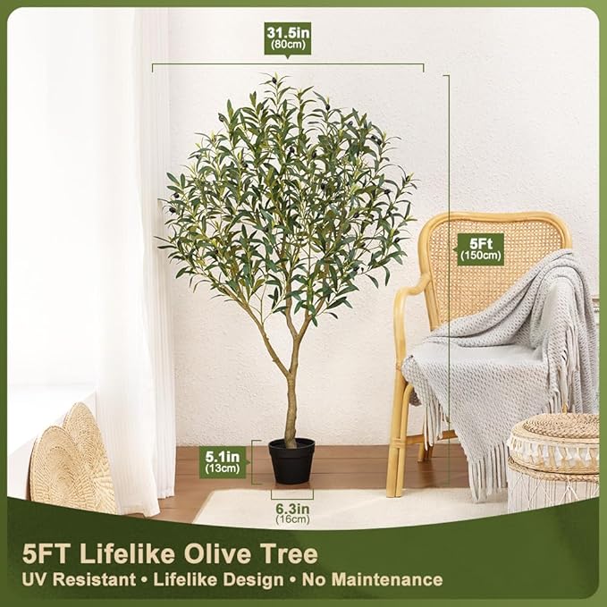 Olive Tree Artificial – 5ft Faux Olive Tree with UV Resistant Leaves - Tall Fake Plant in Pot, Large Floor Plants for Indoor & Outdoor, Living Room, Office, Modern Home Decor, VN126