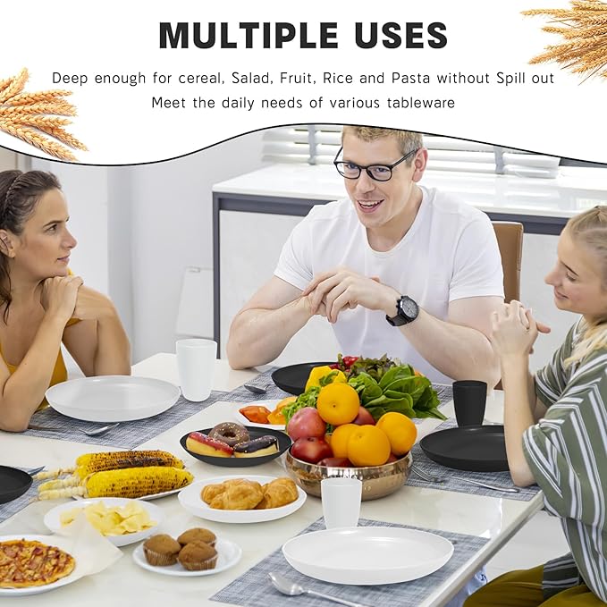 Kitchen Wheat Straw Dinnerware Sets (33pcs) Attached cleaning brush,Service For 8,Plastic Plates and Bowls Sets,Unbreakable Dinnerware,Lightweight Plastic Plate Set (Black white)