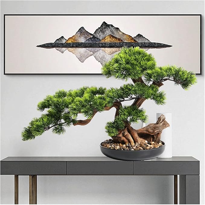 Artificial Bonsai Tree 17 Inches Artificial Bonsai Pine Tree，Realistic Fake Plant Decoration, Potted Artificial House Plants, for Desktop Display