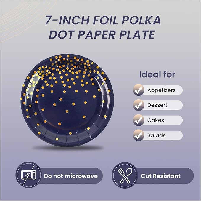 75PCS Paper Plates and Napkins Set - Dark Blue and Gold Dot Disposable Party Dinnerware Includes Paper Plates, Napkins, Forks Decorations for Birthdays, Graduations, Weddings and Holidays, Serves 25
