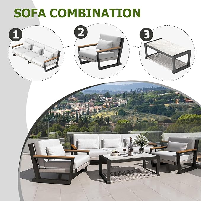 Aluminum Outdoor Patio Furniture Set 5 Seat, Patio Conversation Set with Durable Mesh Rope Weaving, Wide Armrests and Seats, Metal Sofa Set for Patio Grey