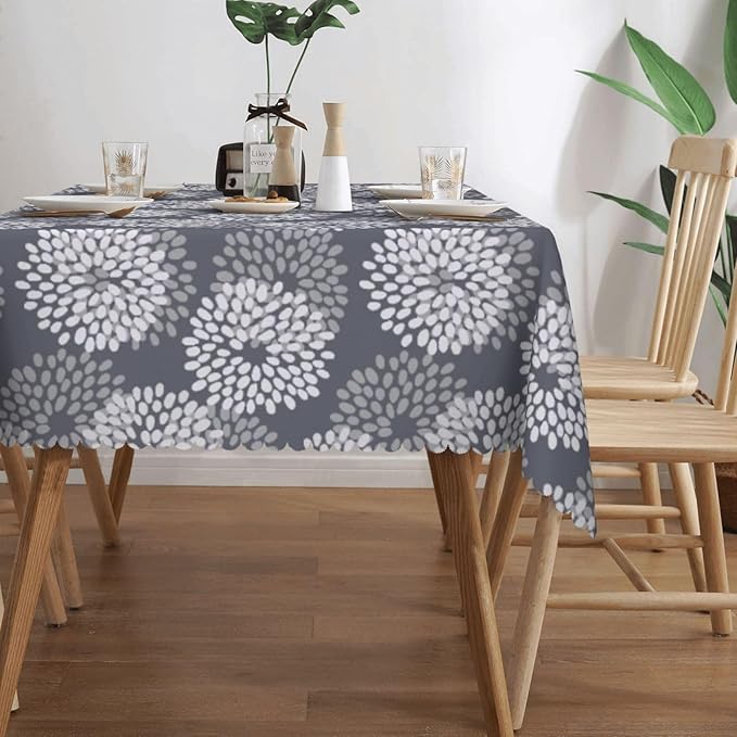 White Grey Floral Table Cloth for Dining Tables,Reusable Abstract Seamless Flower Tablecloths Modern Tabletop Decoration Flowers Rectangle Table Cover for Kitchen,Party,Holiday, 54x72Inch