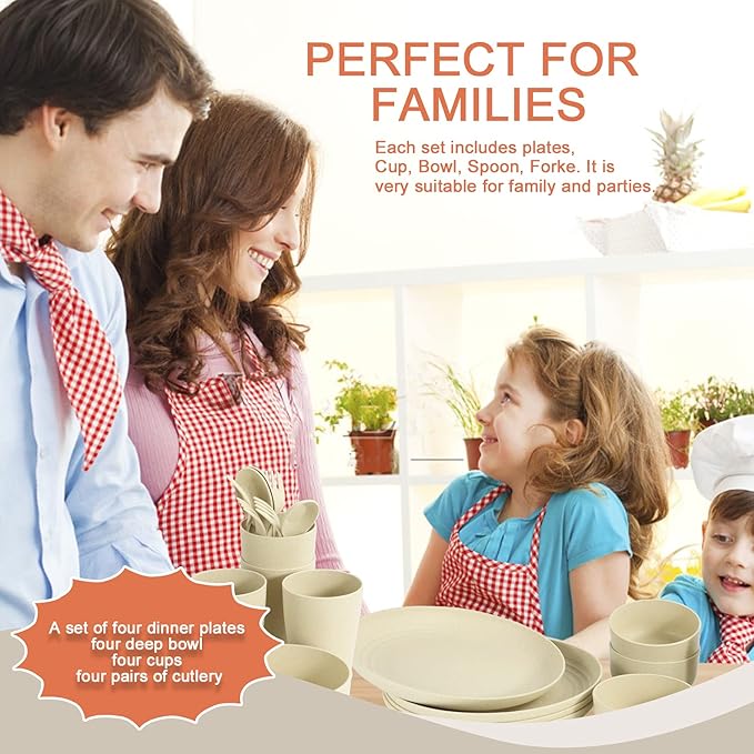 Homienly Wheat Straw Dinnerware Sets, 20pcs Lightweight Unbreakable Dinnerware, Microwave Dishwasher Safe Bowls Cups Forks Spoons set,Perfect for Camping Outdoor, Beige