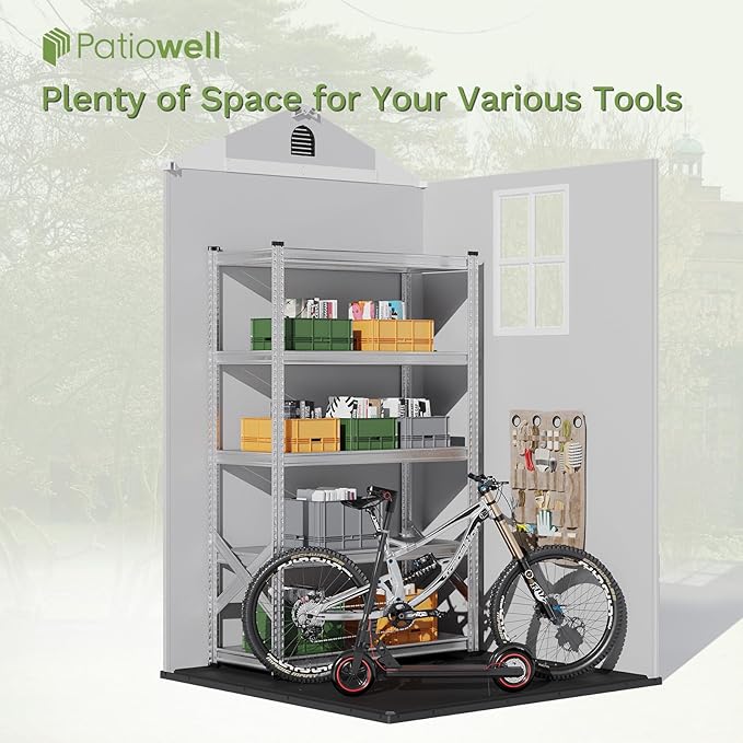 Patiowell 4' x 4' Outdoor Storage Shed with Floor, Plastic Shed Outside Resin Tool Shed with Window and Lockable Door for Backyard Garden Patio Lawn, Light Grey (Fit-it Shed)