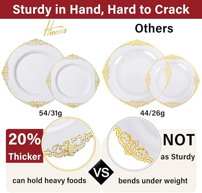 Hioasis 350pcs White and Gold Plastic Plates - Elegant Disposable Dinnerware Set Include 10.25" Dinner & 7.5" Dessert Plates, Knives, Forks, Spoons, Napkins, Cups for Party & Thanksgiving